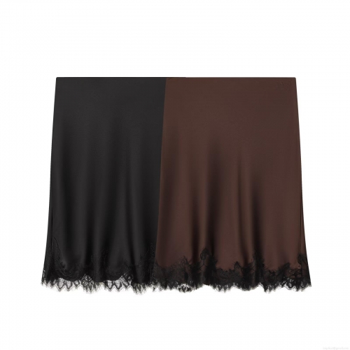 Women's Elegant Satin Midi Skirt With Floral Lace Hem Patchwork Polyester A-line Skirt For Daily Commute Office Wear