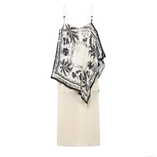 Women's Sexy Backless Camisole Midi Dress With Tropical Palm Pineapple Print Asymmetric Scarf Overlay Beaded Straps Elegant Slit Party Dress