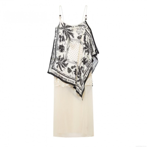 Women's Sexy Backless Camisole Midi Dress With Tropical Palm Pineapple Print Asymmetric Scarf Overlay Beaded Straps Elegant Slit Party Dress