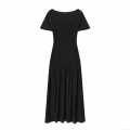 Elegant Women Smocked Midi Dress Polyester Blend Puff Sleeve Crew Neck Shirred Waist Retro Solid Black Casual Party Long Dress