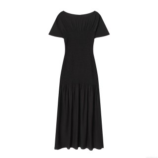 Elegant Women Smocked Midi Dress Polyester Blend Puff Sleeve Crew Neck Shirred Waist Retro Solid Black Casual Party Long Dress