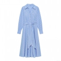Women Chic Striped Shirt Dress Long Sleeve Button Down Tie-Waist A-Line Casual Daily Midi Dress Fashionable Polyester Outfit