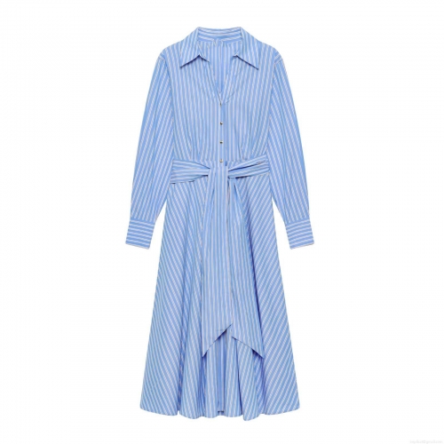 Women Chic Striped Shirt Dress Long Sleeve Button Down Tie-Waist A-Line Casual Daily Midi Dress Fashionable Polyester Outfit