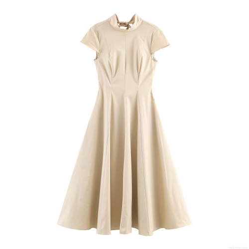 Women Elegant Midi Dress Polyester Short Sleeve Stand Collar Bow Tie Back A-line Flare Skirt Solid Color Khaki Beige Dress for Daily Work Office Party Feminine Stylish