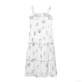 Women's Blue Floral Embroidery Dress 100% Polyester Spaghetti Straps Off-the-shoulder Ruffle Trim Tiered Cake Skirt Midi A-line Resort Style Vacation Elegant White Summer Boho Sleeveless Dress