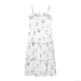 Women's Blue Floral Embroidery Dress 100% Polyester Spaghetti Straps Off-the-shoulder Ruffle Trim Tiered Cake Skirt Midi A-line Resort Style Vacation Elegant White Summer Boho Sleeveless Dress