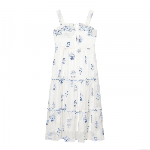 Women's Blue Floral Embroidery Dress 100% Polyester Spaghetti Straps Off-the-shoulder Ruffle Trim Tiered Cake Skirt Midi A-line Resort Style Vacation Elegant White Summer Boho Sleeveless Dress