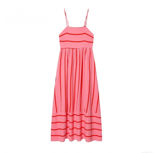 Sexy Striped Camisole Midi Dress Women Summer Vacation Sleeveless Backless Adjustable Straps Polyester Blend Slim Fit A-Line Flowy Long Dress