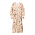 Women's Elegant V-Neck Floral Print Puff Sleeve Midi Dress French Holiday Style High Waist Polyester Cotton Spandex Blend Button Front Dress