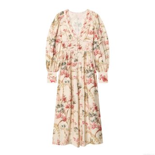 Women's Elegant V-Neck Floral Print Puff Sleeve Midi Dress French Holiday Style High Waist Polyester Cotton Spandex Blend Button Front Dress