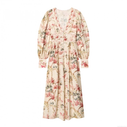 Women's Elegant V-Neck Floral Print Puff Sleeve Midi Dress French Holiday Style High Waist Polyester Cotton Spandex Blend Button Front Dress