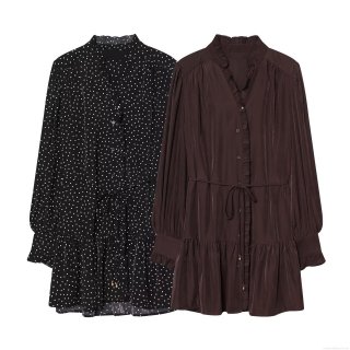 Women Fashion Long Sleeve Ruffle Collar Midi Dress Casual Vacation Tiered Satin Cupro Cotton Blend Polka Dot Solid Tie Waist Dresses for Women