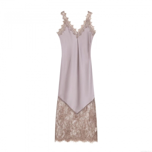 French Style Lace Patchwork Slip Dress Sexy V Neck Satin Backless Midi Dresses For Women Elegant Evening Party Nightdress Nightie