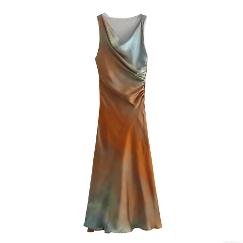 Women's Tie-Dye Print Satin Midi Dress Sleeveless Cowl Neck Slim Fit Side Ruched Elegant Sexy Bodycon Party Clubwear Dress