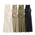 Elegant Women's Satin Midi Dress Cowl Neck Ruched Waist Sleeveless Slip Dress For Cocktail Party Evening Prom Commuter