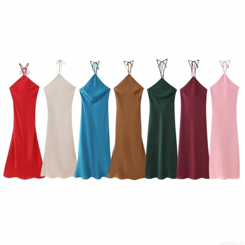 Women's Sexy Halter Backless Satin Dress Elegant Solid Color Sleeveless V Neck Evening Party Cocktail Wedding Guest Maxi Dress