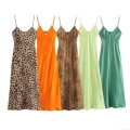 Women's Sexy Satin Slip Dress V-Neck Backless Adjustable Spaghetti Strap Midi Dress Solid Color Leopard Print Summer Party Cocktail Date Night Sleeveless A-Line Dress