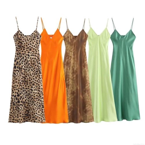 Women's Sexy Satin Slip Dress V-Neck Backless Adjustable Spaghetti Strap Midi Dress Solid Color Leopard Print Summer Party Cocktail Date Night Sleeveless A-Line Dress