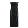 Women Sexy Faux Leather Bandeau Midi Dress Ruched Bodycon Side Zipper Solid Color Sleeveless Party Evening Clubwear Strapless Dress