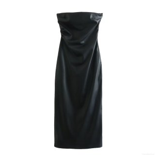 Women Sexy Faux Leather Bandeau Midi Dress Ruched Bodycon Side Zipper Solid Color Sleeveless Party Evening Clubwear Strapless Dress