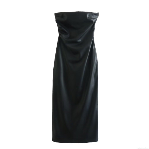 Women Sexy Faux Leather Bandeau Midi Dress Ruched Bodycon Side Zipper Solid Color Sleeveless Party Evening Clubwear Strapless Dress