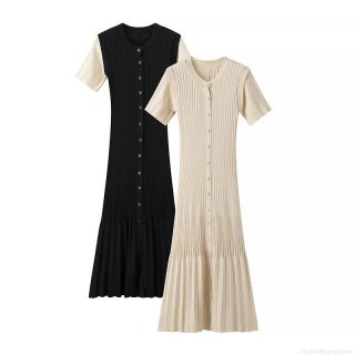 Women's Elegant Knitted Midi Dress Short Sleeve Round Neck Single-Breasted Ribbed Knit Button Down A-Line Dress Slim Fit Casual Daily Office Wear Simple Solid Color Contrast Splicing Knitwear Dress