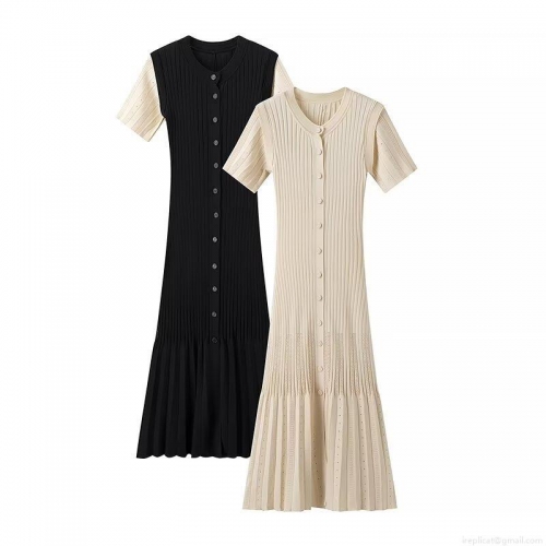 Women's Elegant Knitted Midi Dress Short Sleeve Round Neck Single-Breasted Ribbed Knit Button Down A-Line Dress Slim Fit Casual Daily Office Wear Simple Solid Color Contrast Splicing Knitwear Dress