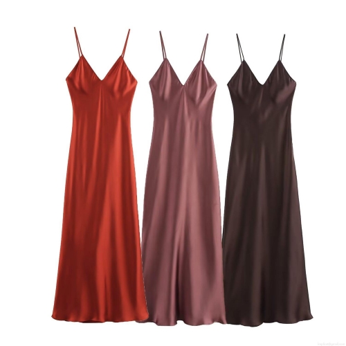 Women's Sexy Backless Satin Slip Dress Elegant V-Neck Sleeveless Mid-Length A-Line Solid Color Silk Texture Midi Dress for Summer Party Night Out Clubwear