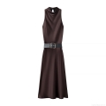 Women Elegant Satin Midi Dress Sleeveless Mock Neck Solid Color With Metal Buckle Belt Glossy Silk Texture Commuter A-Line Dress For Evening Party