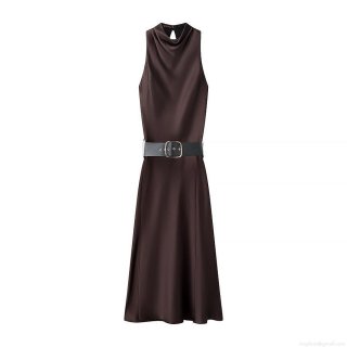 Women Elegant Satin Midi Dress Sleeveless Mock Neck Solid Color With Metal Buckle Belt Glossy Silk Texture Commuter A-Line Dress For Evening Party
