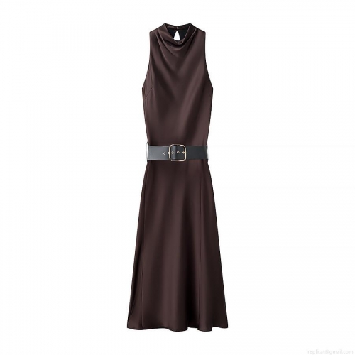Women Elegant Satin Midi Dress Sleeveless Mock Neck Solid Color With Metal Buckle Belt Glossy Silk Texture Commuter A-Line Dress For Evening Party