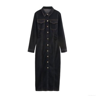 Elegant Black Denim Midi Dress Long Sleeve Single Breasted Shirt Dress With Contrast Stitching And Metal Buttons For Women Office Work Casual Wear