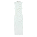 Elegant White Sleeveless Ruched Midi Dress For Women Mock Neck Slim Fit Bodycon Back Zipper Slit Hem Evening Party Clubwear Polyester Spandex Dress