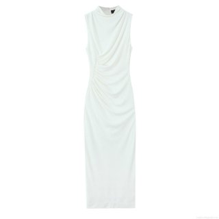 Elegant White Sleeveless Ruched Midi Dress For Women Mock Neck Slim Fit Bodycon Back Zipper Slit Hem Evening Party Clubwear Polyester Spandex Dress