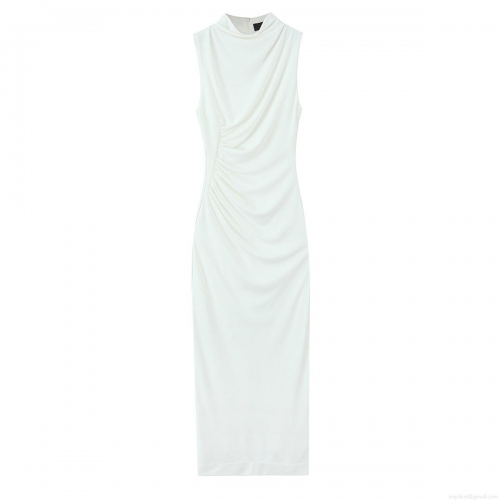 Elegant White Sleeveless Ruched Midi Dress For Women Mock Neck Slim Fit Bodycon Back Zipper Slit Hem Evening Party Clubwear Polyester Spandex Dress