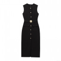 Elegant Sleeveless Single-Breasted Midi Dress With Belt Gold Buttons Women's Slim Fit Commuter Formal Party Office Polyester Spandex Solid Color Dress