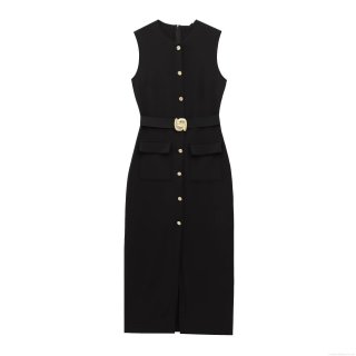 Elegant Sleeveless Single-Breasted Midi Dress With Belt Gold Buttons Women's Slim Fit Commuter Formal Party Office Polyester Spandex Solid Color Dress
