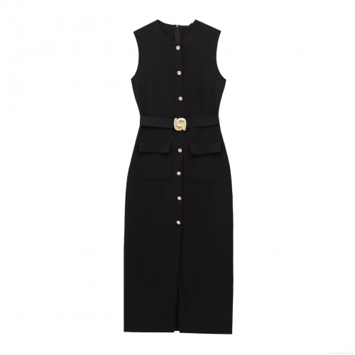 Elegant Sleeveless Single-Breasted Midi Dress With Belt Gold Buttons Women's Slim Fit Commuter Formal Party Office Polyester Spandex Solid Color Dress