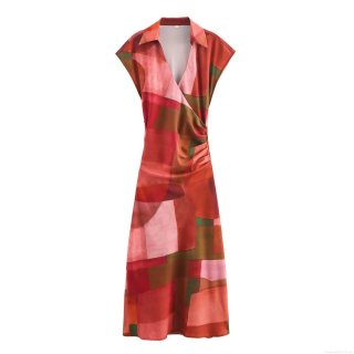 Women's Geometric Print Satin Texture V-Neck Dress Sleeveless Polyester Spandex Midi Dress Office Party Vacation Slim Fit High Waist Printed Dress