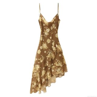 Women's Sexy Floral Print Cami Dress Cowl Neck Double Layer Ruffle Hem Chiffon Midi Slip Dress Elegant Sleeveless Backless Sundress For Summer Party Date Night