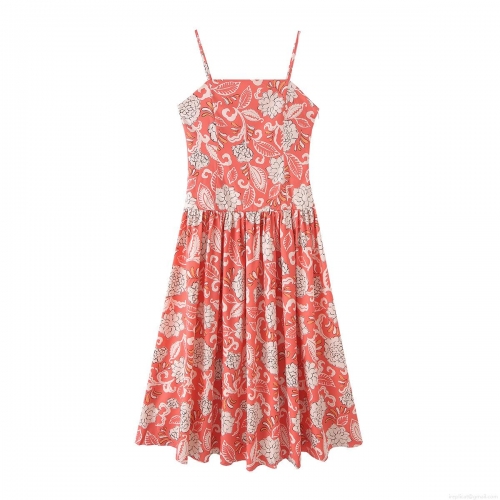 Women's Summer Floral Print Backless Cami Dress 100% Polyester Spaghetti Strap Midi A-Line Dress For Vacation Beach Party Sexy Elegant Sundress