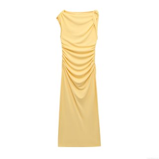 Women Elegant Sleeveless Midi Dress Asymmetric Neck Ruched Side Slit Polyester Spandex Twisted Crepe Bodycon Party Dress For Ladies Chic Commute