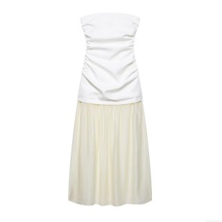 Sexy Women's Tube Top Patchwork Midi Dress Off-Shoulder Backless Ruched Pleated Polyester Spandex Elegant Summer Party Sundress