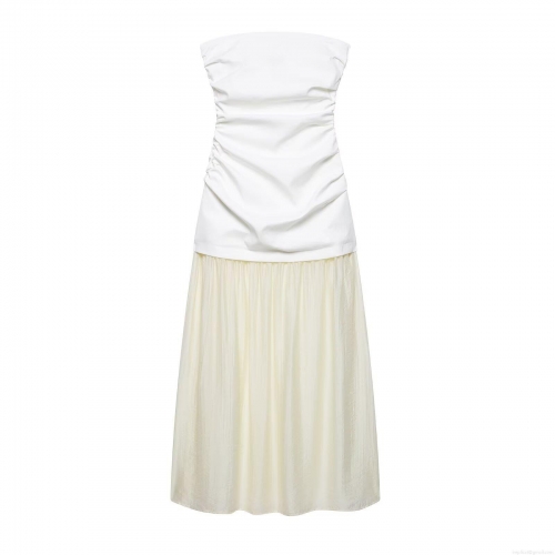 Sexy Women's Tube Top Patchwork Midi Dress Off-Shoulder Backless Ruched Pleated Polyester Spandex Elegant Summer Party Sundress