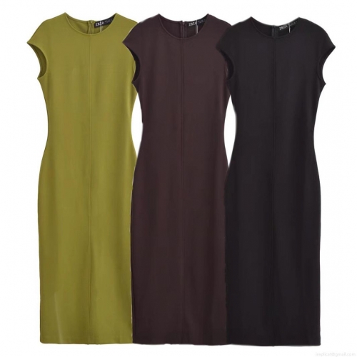 Elegant Women Crew Neck Sleeveless Crepe Midi Dress Solid Color Slim Fit Bodycon Slit Hem Back Zipper Party Office Dress