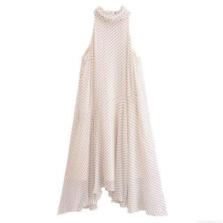 Women Elegant Polka Dot Halter Dress Sleeveless Asymmetrical Hem Bow Tie Chiffon Midi Dress For Vacation Summer Party