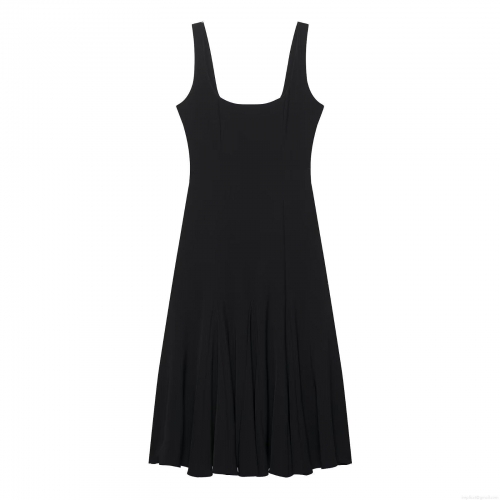Women's Elegant U-Neck Sleeveless Midi Dress Polyester Spandex Blend A-Line Pleated Hem Slim Fit Waist Minimalist Black Dress For Commute Dating Party