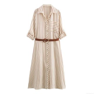 Women Elegant Striped Midi Shirt Dress With Belt Long Sleeve Button Down Lapel Satin Texture Office Casual Dress For Lady Spring Autumn Fashion