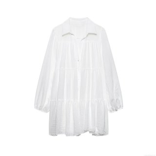Women Elegant White Long Sleeve Tiered Shirt Dress Pleated Textured Polyester Button Up Lapel Collar A-Line Midi Dress For Office Commute Party Ladies