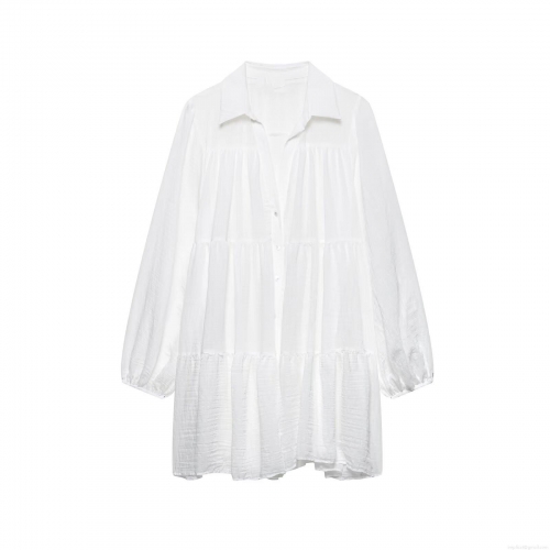 Women Elegant White Long Sleeve Tiered Shirt Dress Pleated Textured Polyester Button Up Lapel Collar A-Line Midi Dress For Office Commute Party Ladies